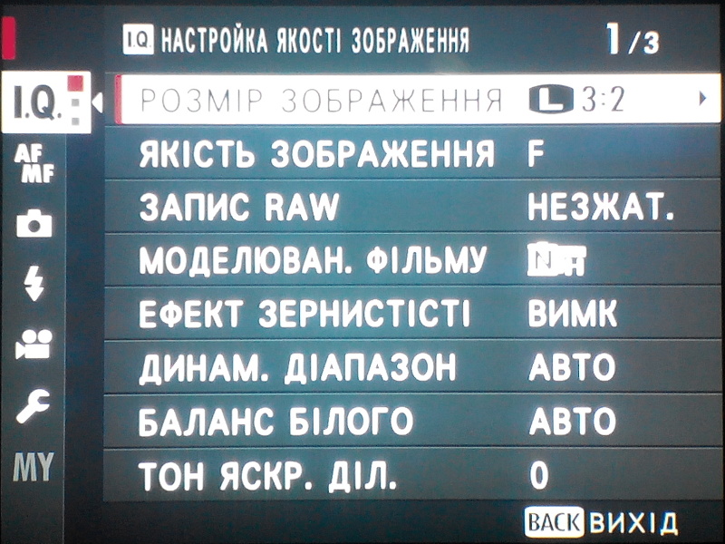 Меню камери